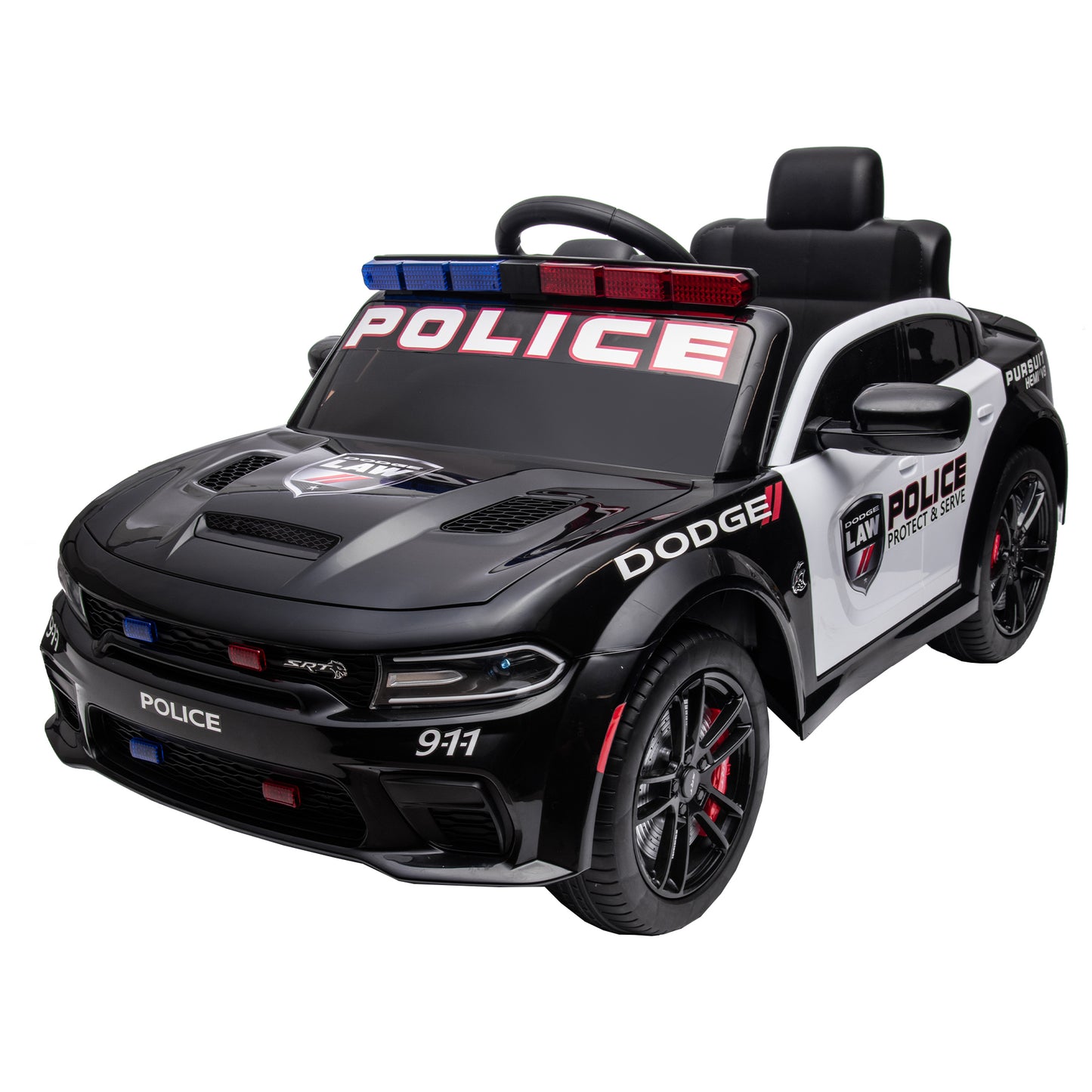 12V Licensed Dodge Charger Kids Ride On Police Car | Remote Control, Adjustable Speeds, Power Display | USB, MP3, Bluetooth, LED Lights | Four-Wheel Suspension, Slow Start | Black