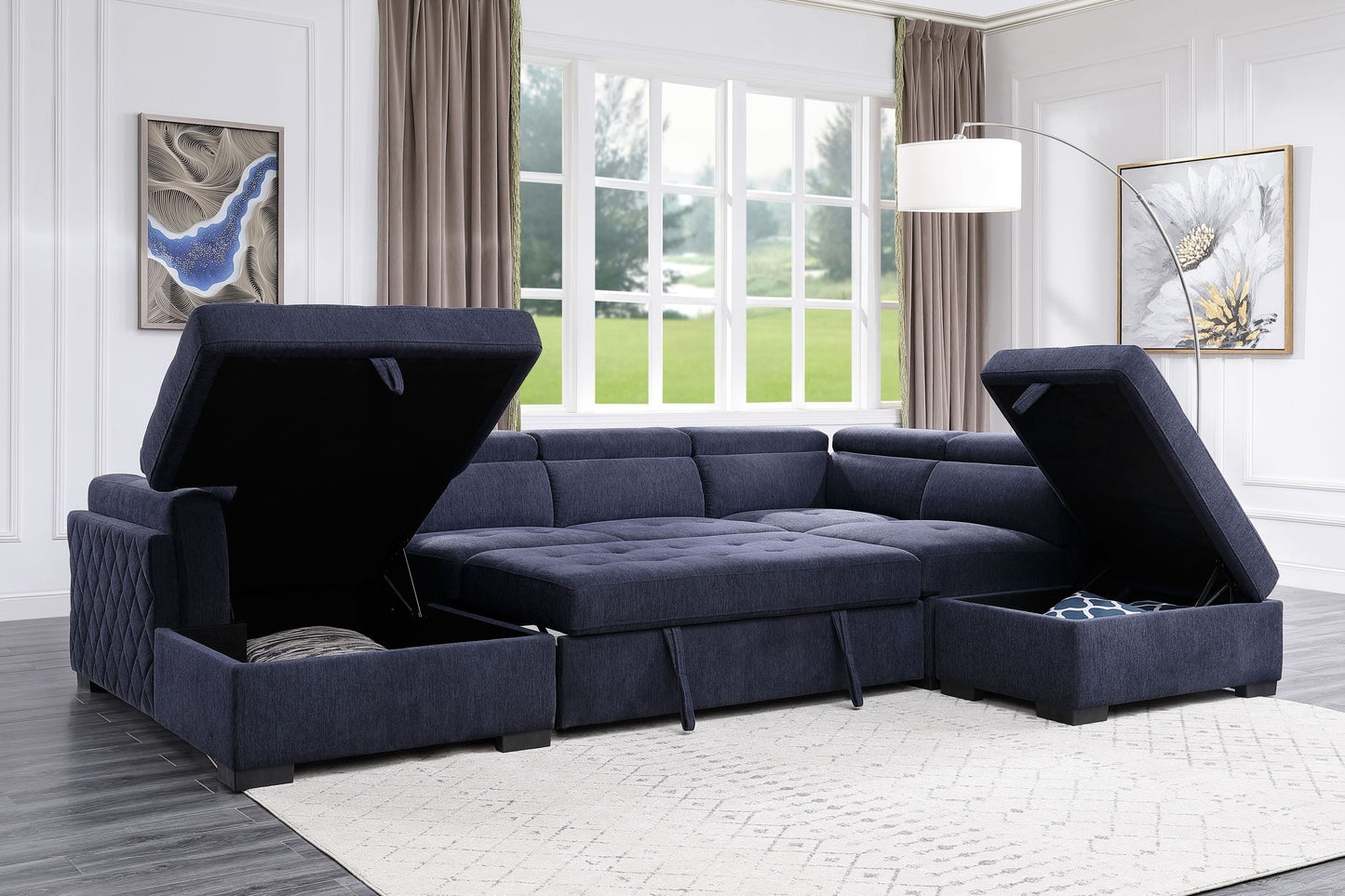 Navy Blue Fabric Sleeper Sectional Sofa and Ottoman: ACME Nekoda Storage, Comfortable, Stylish, Spacious - 55520