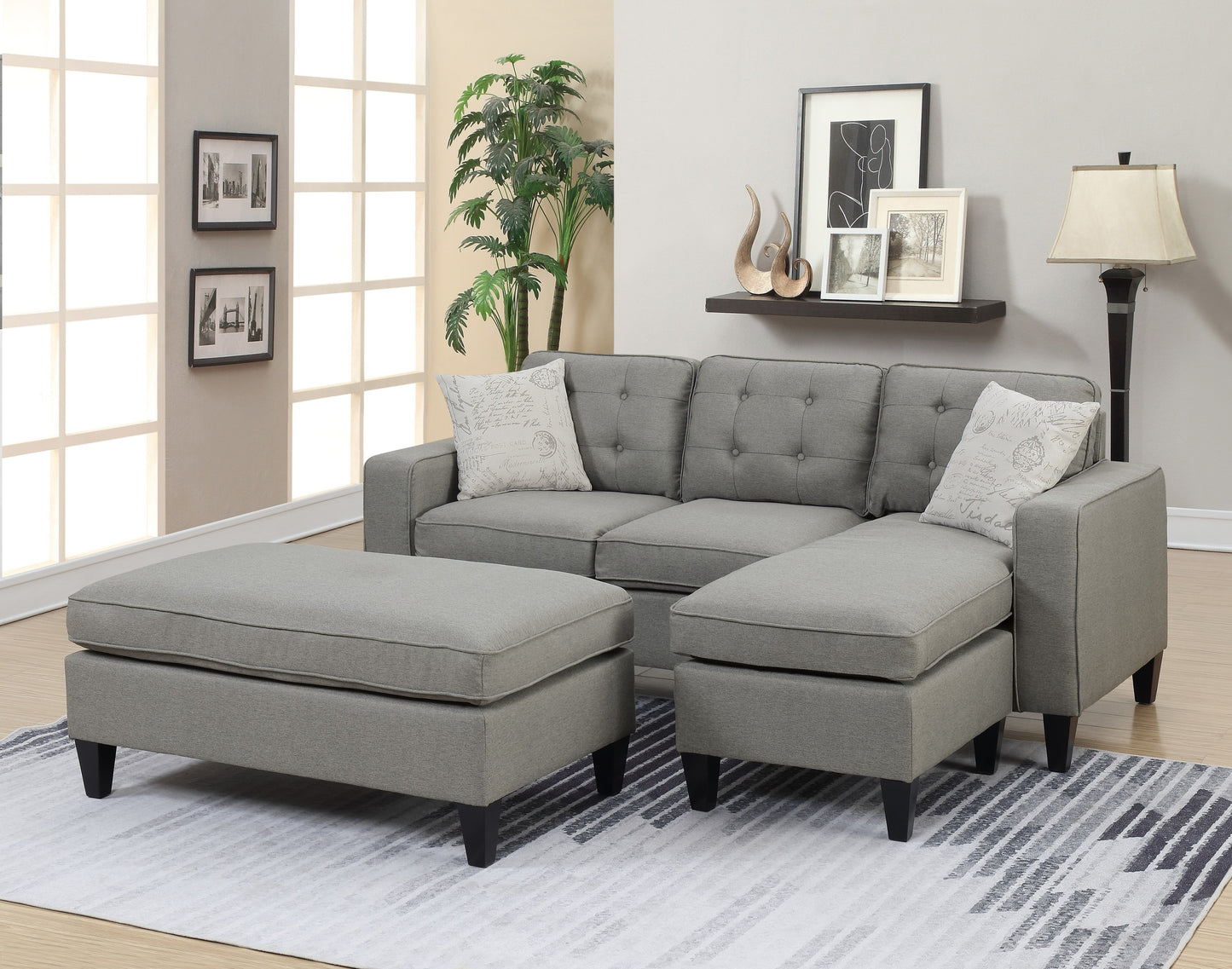 Reversible 3pc Sectional Sofa Set with Light Grey Tufted Polyfiber, Wood Legs, Chaise, Ottoman, Pillows, and Cushion Couch