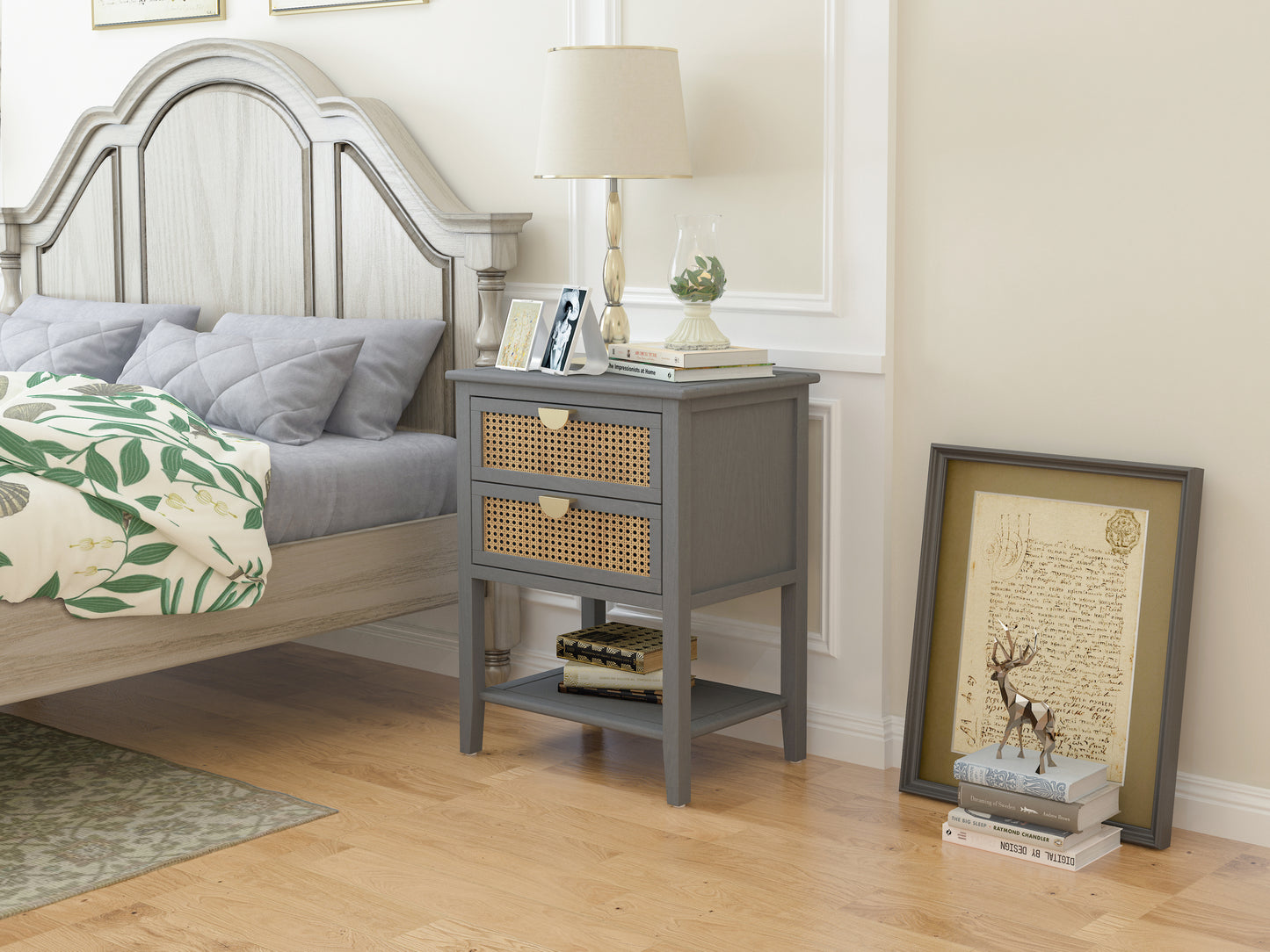 2 Drawer Side Table Nightstand Natural Rattan End Table for Bedroom
