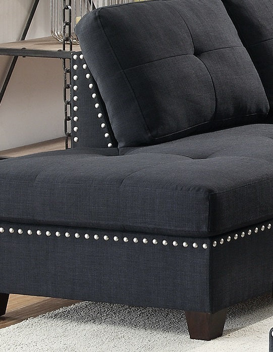 3-Pcs Black Polyfiber Sectional Sofa with Reversible Chaise & Ottoman - Cushion Sofa, Pillows Included