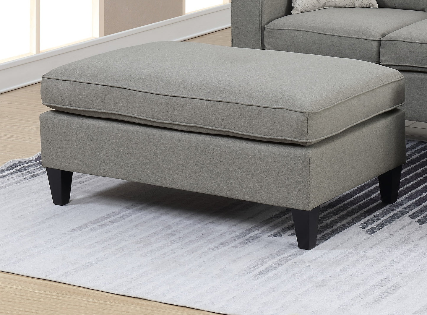 Reversible 3pc Sectional Sofa Set with Light Grey Tufted Polyfiber, Wood Legs, Chaise, Ottoman, Pillows, and Cushion Couch