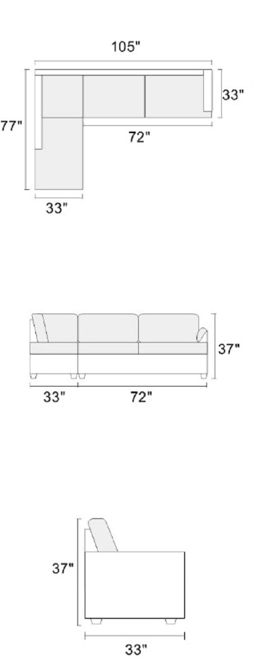 Living Room Furniture Charcoal Cushion Sectional with Ottoman - Linen Like Fabric Sofa Chaise