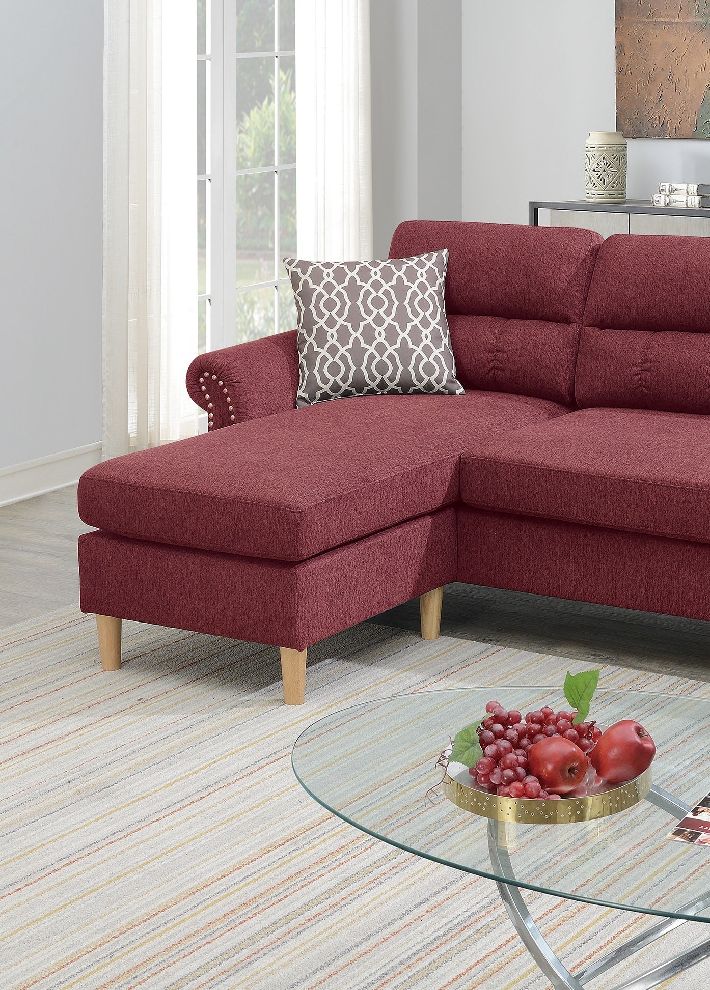 Paparika Red Polyfiber Reversible Sectional Sofa Set with Chaise, Pillows, Plush Cushion, and Nailheads - Luxurious Comfort for Your Living Space