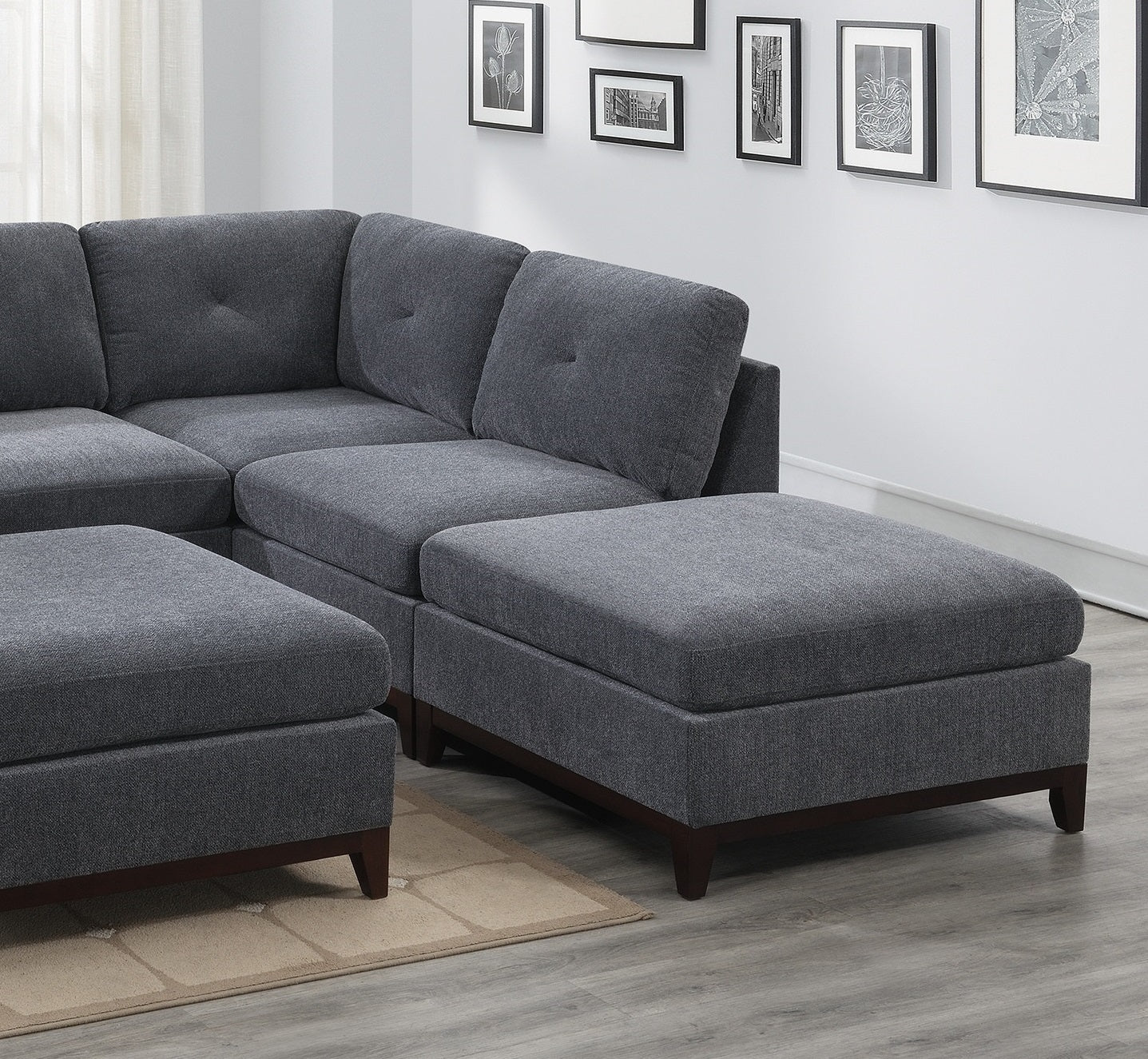 Ash Grey Chenille Fabric Modular Sectional 6pc Set Living Room Furniture Corner L-Sectional Couch with 2 Corner Wedges, 2 Armless Chairs, and 2 Ottomans - Tufted Back, Exposed Wooden Base