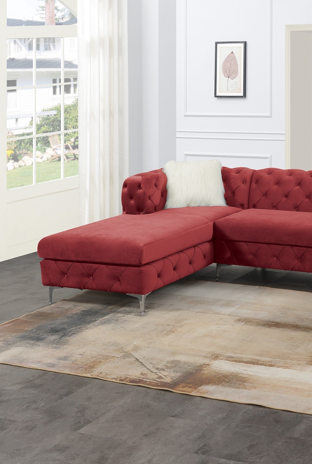 Gorgeous Living Room U-Sectional Burgundy Velvet Tufted Cushion Couch LAF and RAF Chaise Armless Loveseat: Luxurious Velvet U-Sectional Couch with Tufted Cushions and Armless Loveseat in Burgundy Color