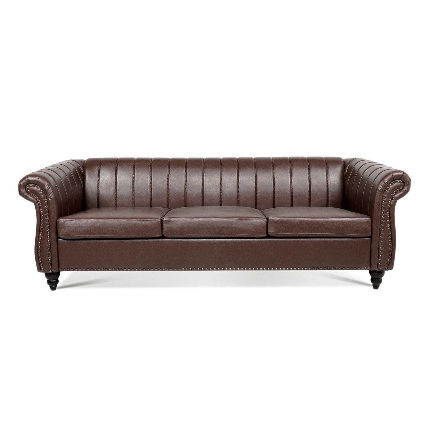 83.46'' Brown PU Rolled Arm Chesterfield Three Seater Sofa: Elegant and Spacious Upholstered Seating Solution with Classic Rolled Arms and Luxurious Brown PU Leather Finish