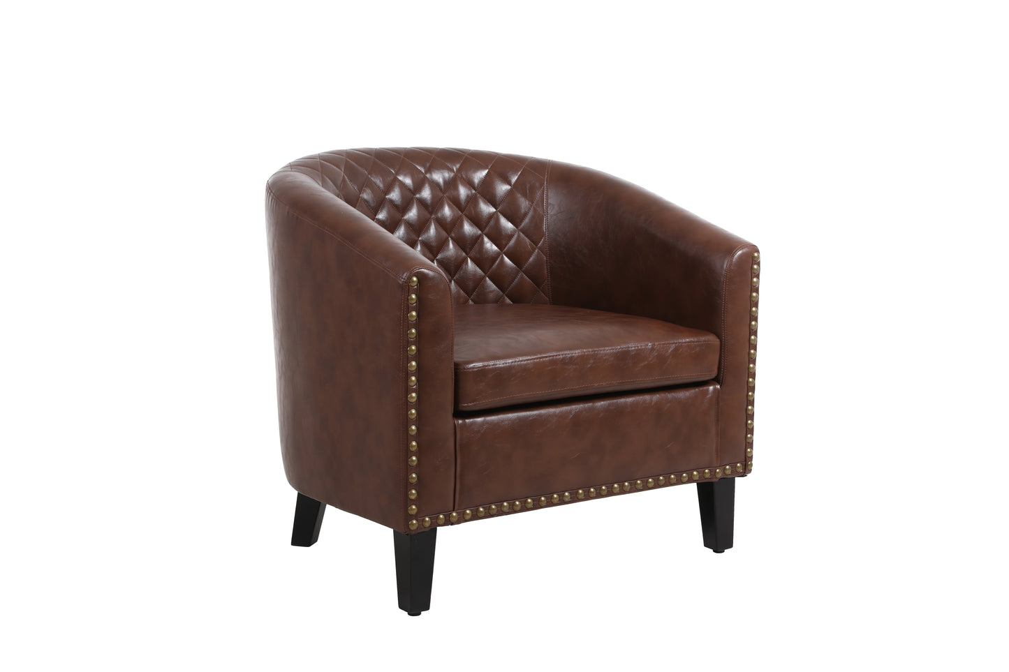 Accent Barrel Chair with Nailheads and Solid Wood Legs - Brown PU Leather - COOLMORE Living Room Chair
