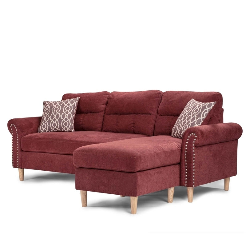 Paparika Red Polyfiber Reversible Sectional Sofa Set with Chaise, Pillows, Plush Cushion, and Nailheads - Luxurious Comfort for Your Living Space