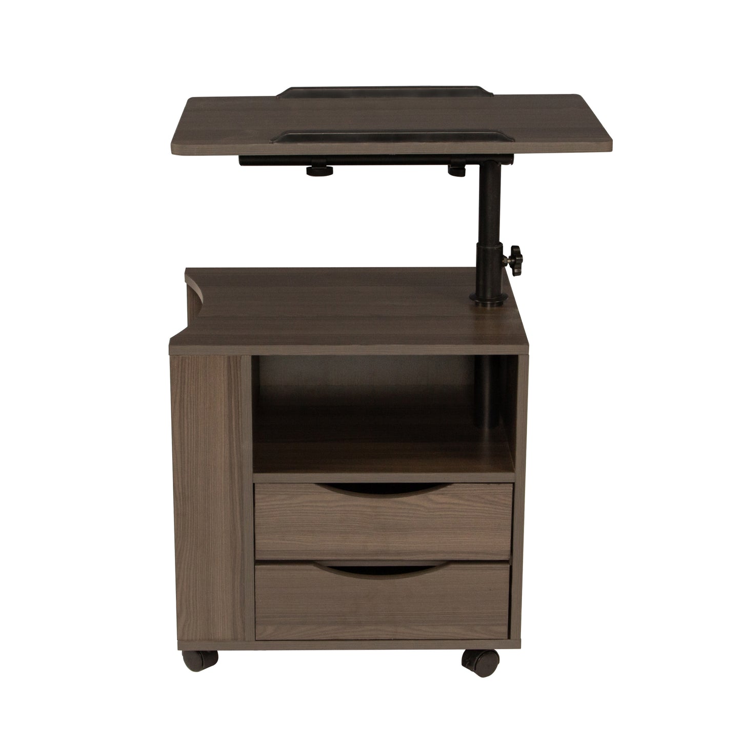 Height Adjustable Overbed End Table Wooden Nightstand with Swivel Top, Storage Drawers, Wheels and Open Shelf, (Black oak)