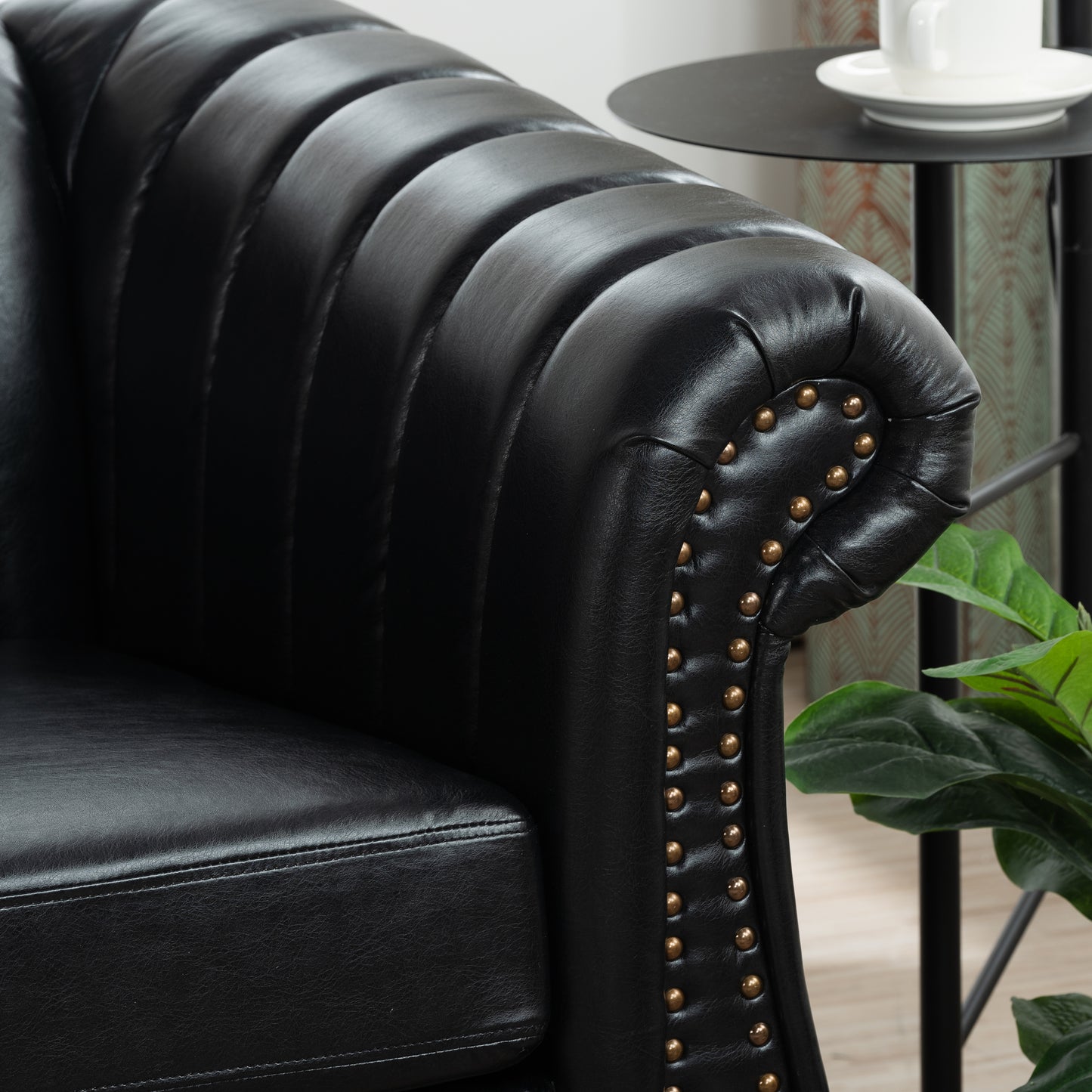 83.46'' Black PU Rolled Arm Chesterfield Three Seater Sofa: Elegant, Comfortable, and Spacious