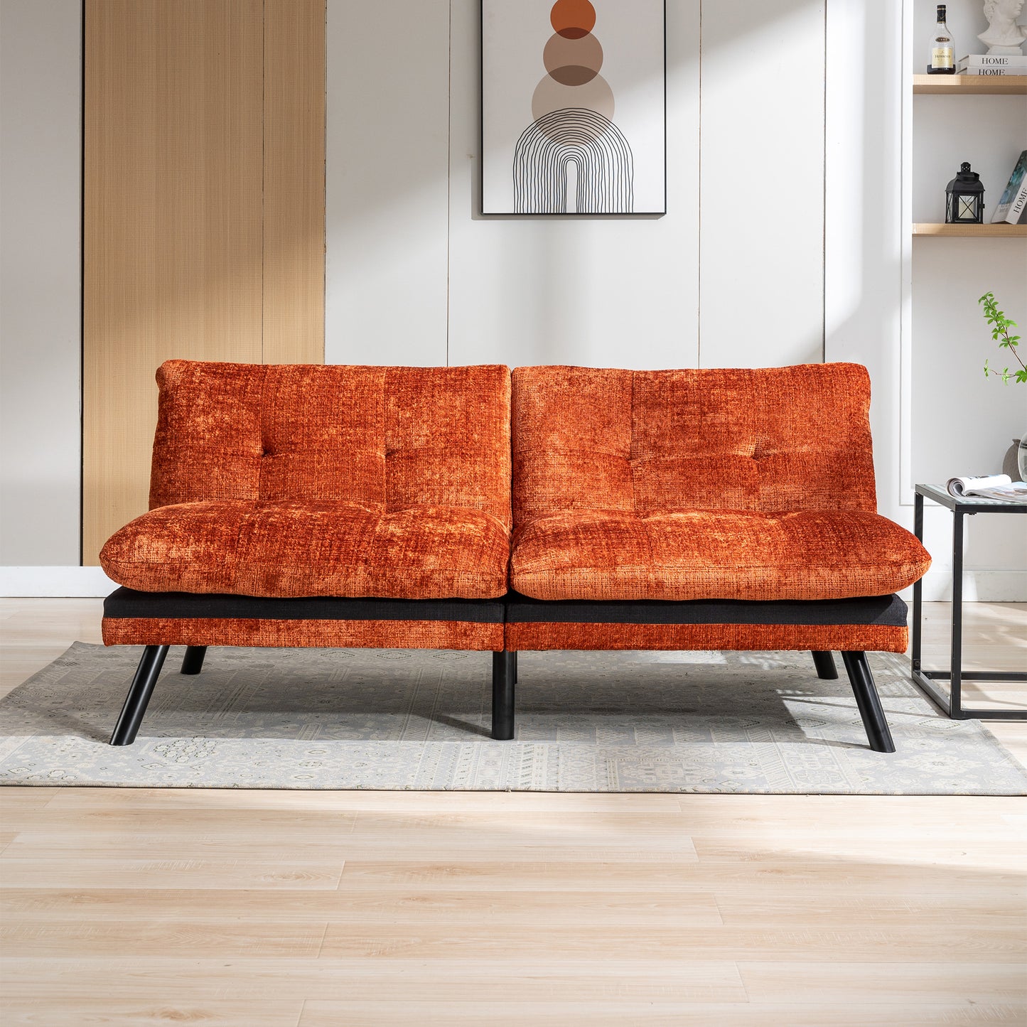 Convertible Sofa Bed Loveseat Futon Bed Breathable Adjustable Lounge Couch with Metal Legs - Compact Living Space Chenille-Orange