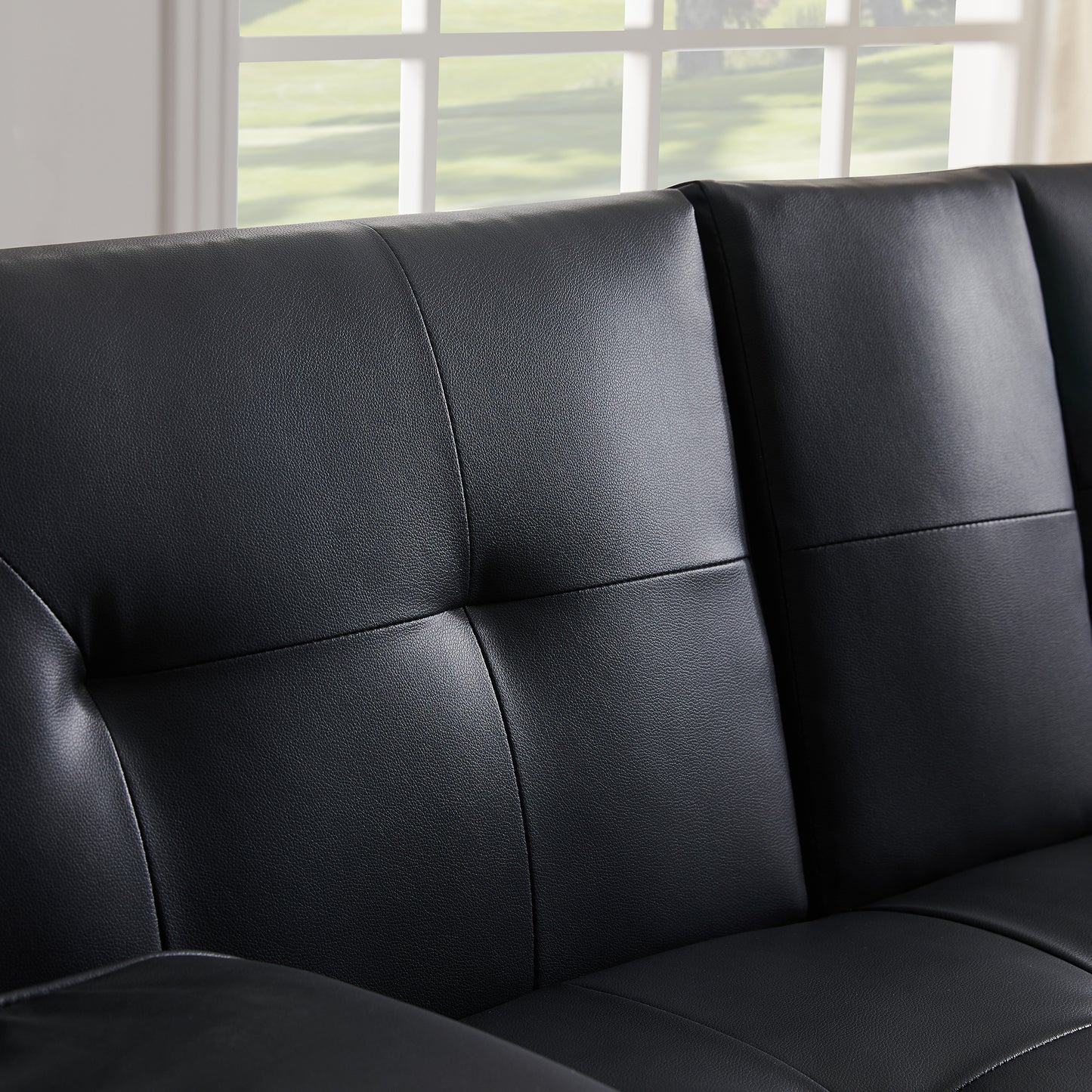 Black Faux Leather Loveseat Sofa Bed with Cup Holders - Convertible Folding Sleeper Couch Bed, Space-Saving Design - Comfortable, Durable, and Stylish - Perfect for Small Spaces - Includes Cup Holders - Black Color - Compact Size
