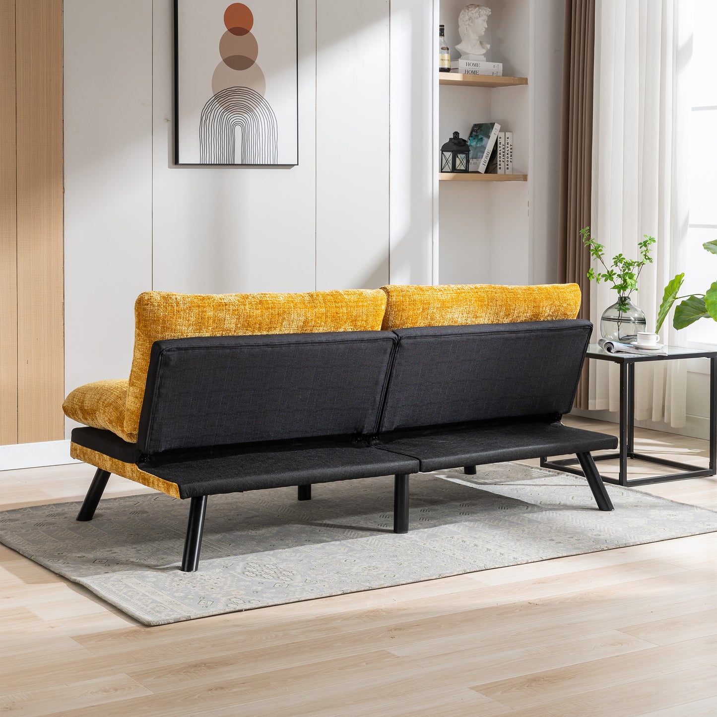 Convertible Sofa Bed Loveseat Futon Bed Adjustable Lounge Couch with Metal Legs, Breathable Chenille-Yellow. Perfect for Compact Living Spaces.