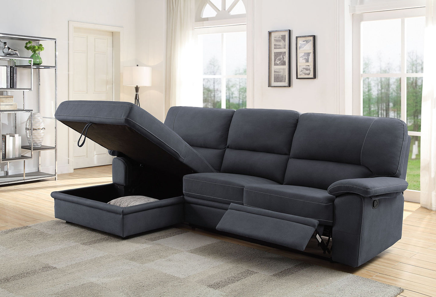 Trifora Reclining Storage Sectional Sofa: Dark Gray Fabric, ACME 51605
