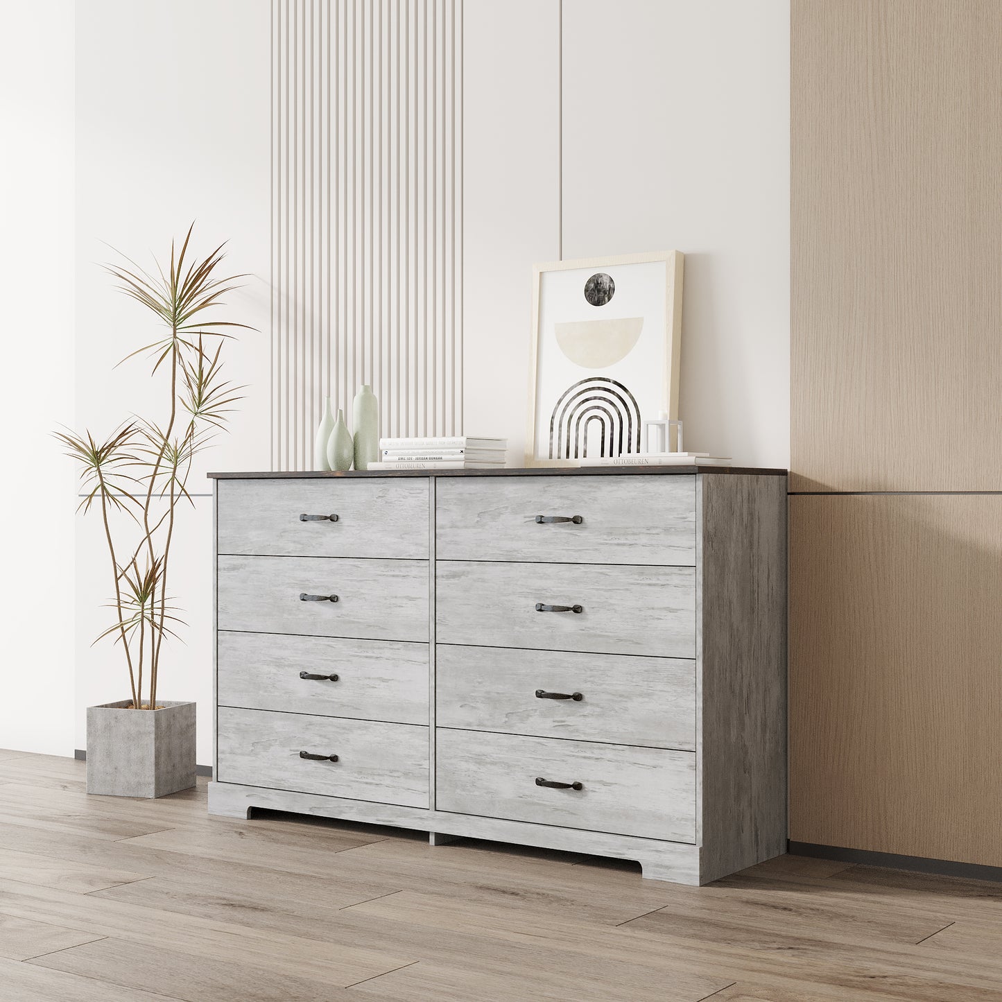 Modern white grey wood side cabinet with 8 drawers, 8 drawer white grey wood grain drawer cabinet , large storage space for Living Room Bedroom