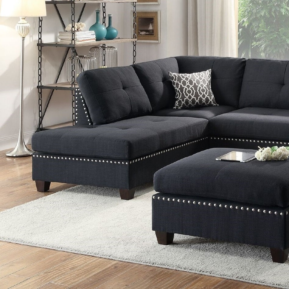 3-Pcs Black Polyfiber Sectional Sofa with Reversible Chaise & Ottoman - Cushion Sofa, Pillows Included