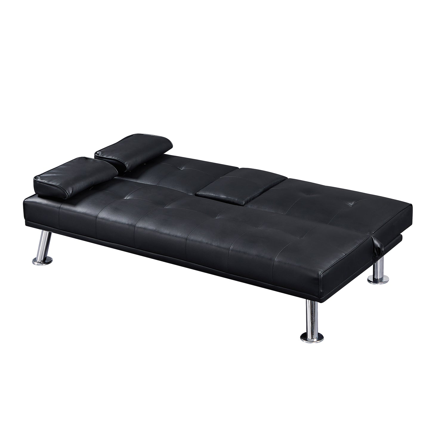 Black Faux Leather Loveseat Sofa Bed with Cup Holders - Convertible Folding Sleeper Couch Bed, Space-Saving Design - Comfortable, Durable, and Stylish - Perfect for Small Spaces - Includes Cup Holders - Black Color - Compact Size