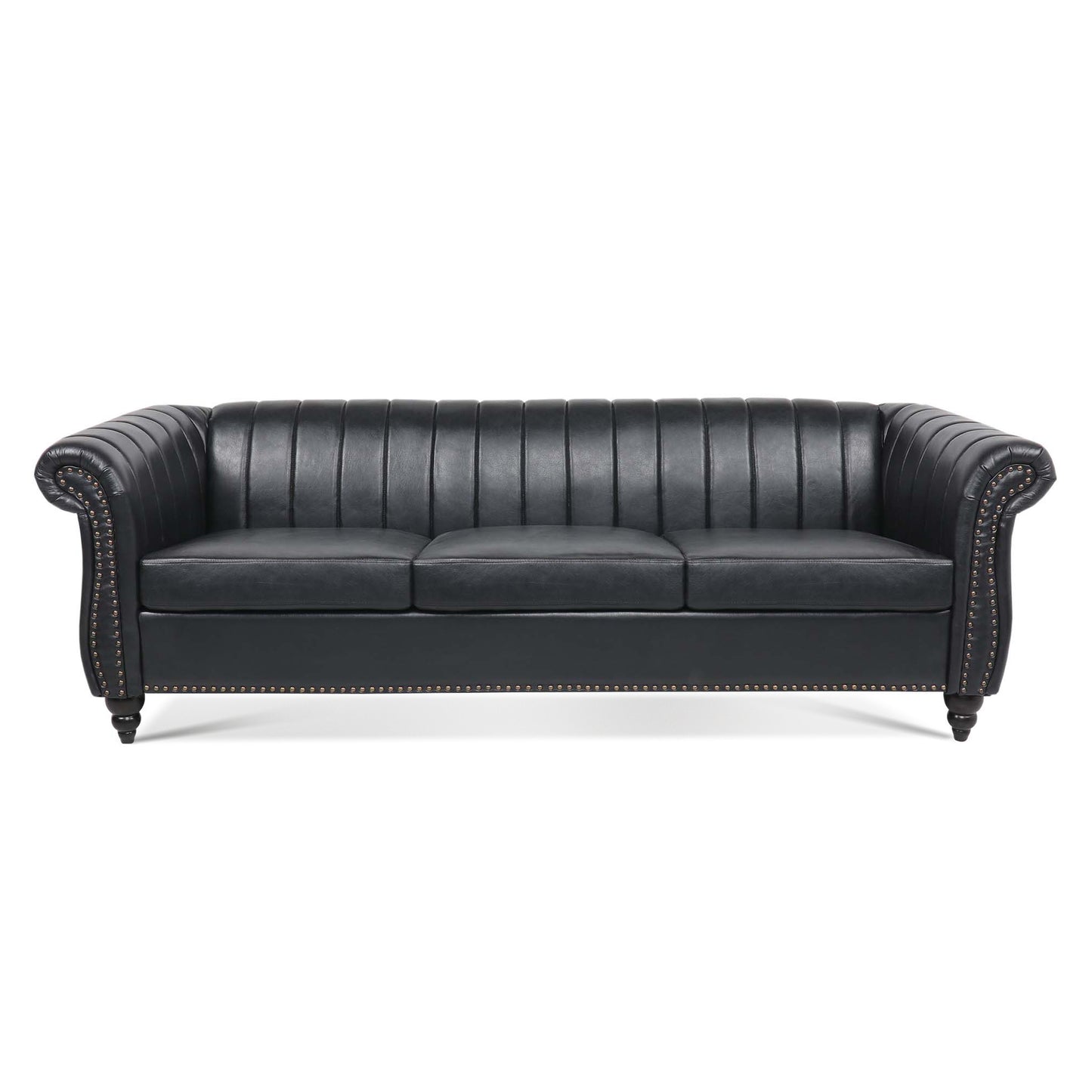 83.46'' Black PU Rolled Arm Chesterfield Three Seater Sofa: Elegant, Comfortable, and Spacious