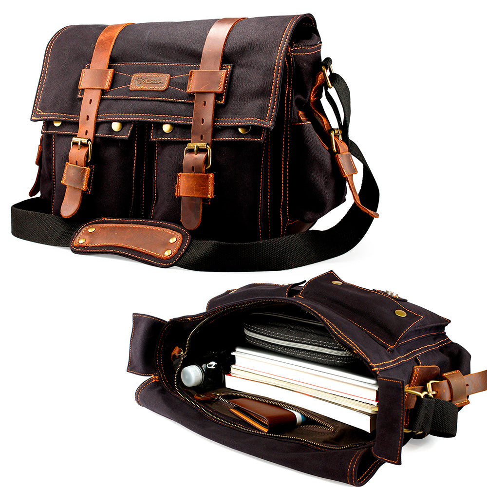 GEARONIC Mens Canvas Leather Messenger Bag for Laptop Vintage Shoulder Crossbody