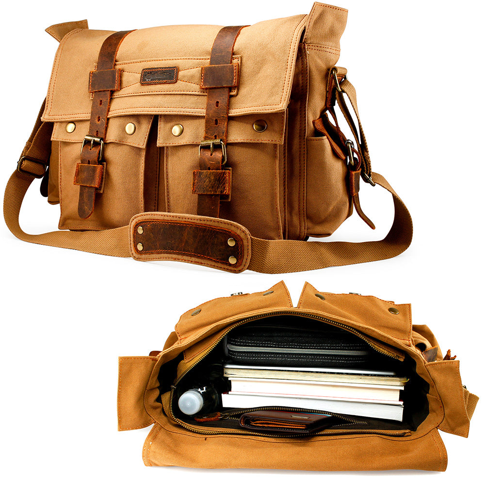 GEARONIC Mens Canvas Leather Messenger Bag for Laptop Vintage Shoulder Crossbody