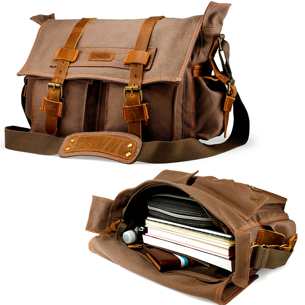 GEARONIC Mens Canvas Leather Messenger Bag for Laptop Vintage Shoulder Crossbody