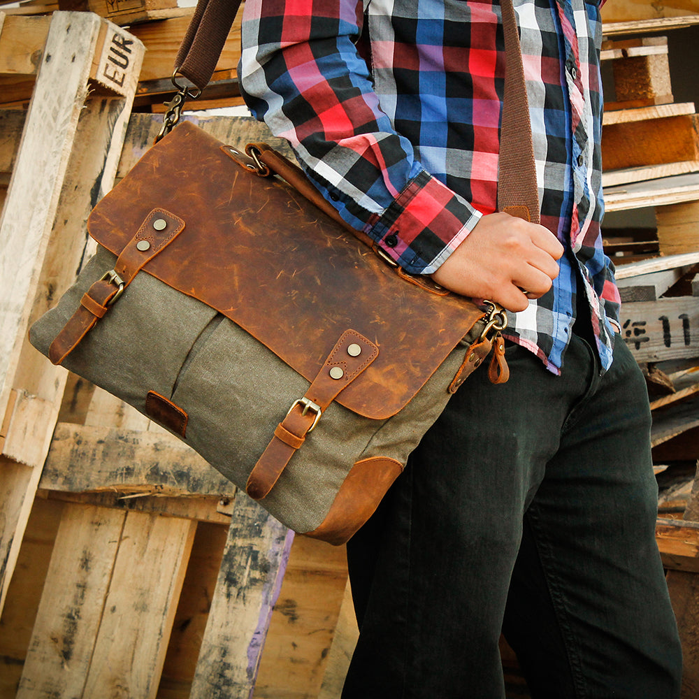 GEARONIC TM Men's Vintage Canvas Leather Messenger Bag Satchel School Military Shoulder Travel Bag for Notebook Laptop Macbook 11 and 13 inch Air Pro