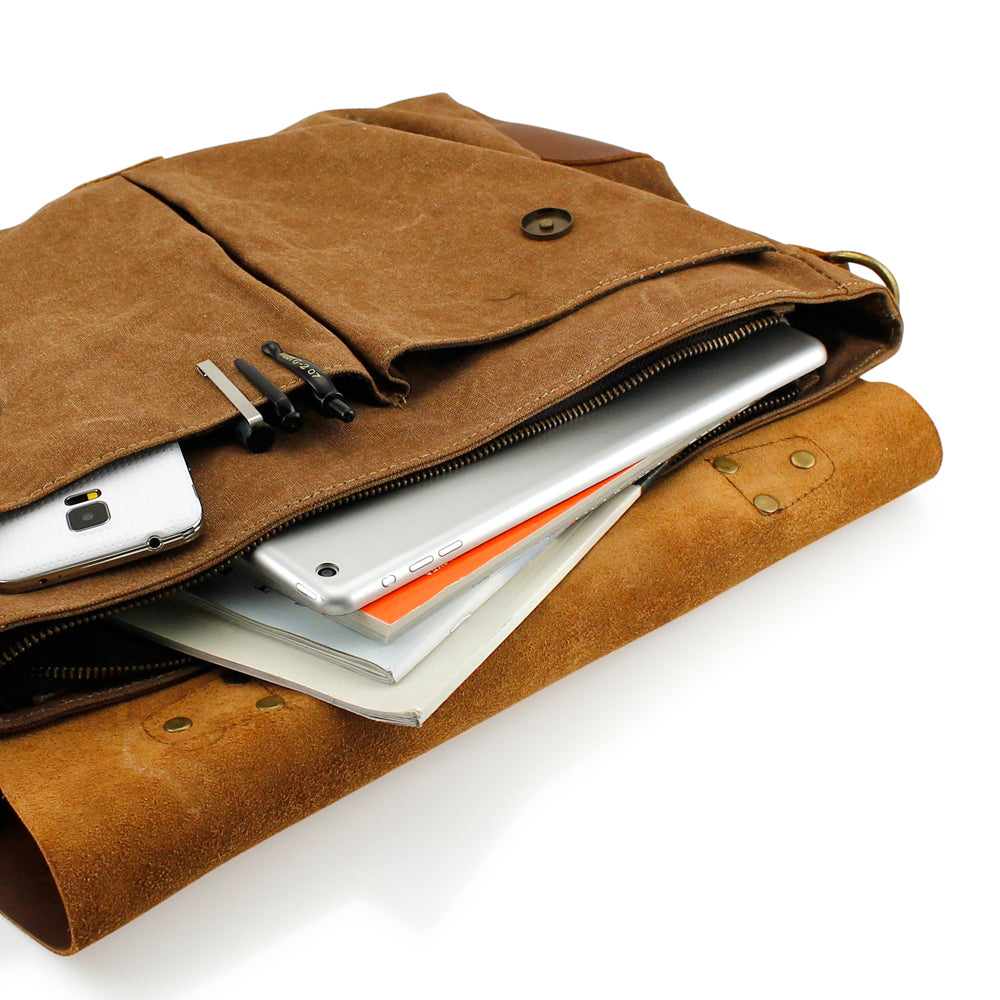 GEARONIC TM Men's Vintage Canvas Leather Messenger Bag Satchel School Military Shoulder Travel Bag for Notebook Laptop Macbook 11 and 13 inch Air Pro