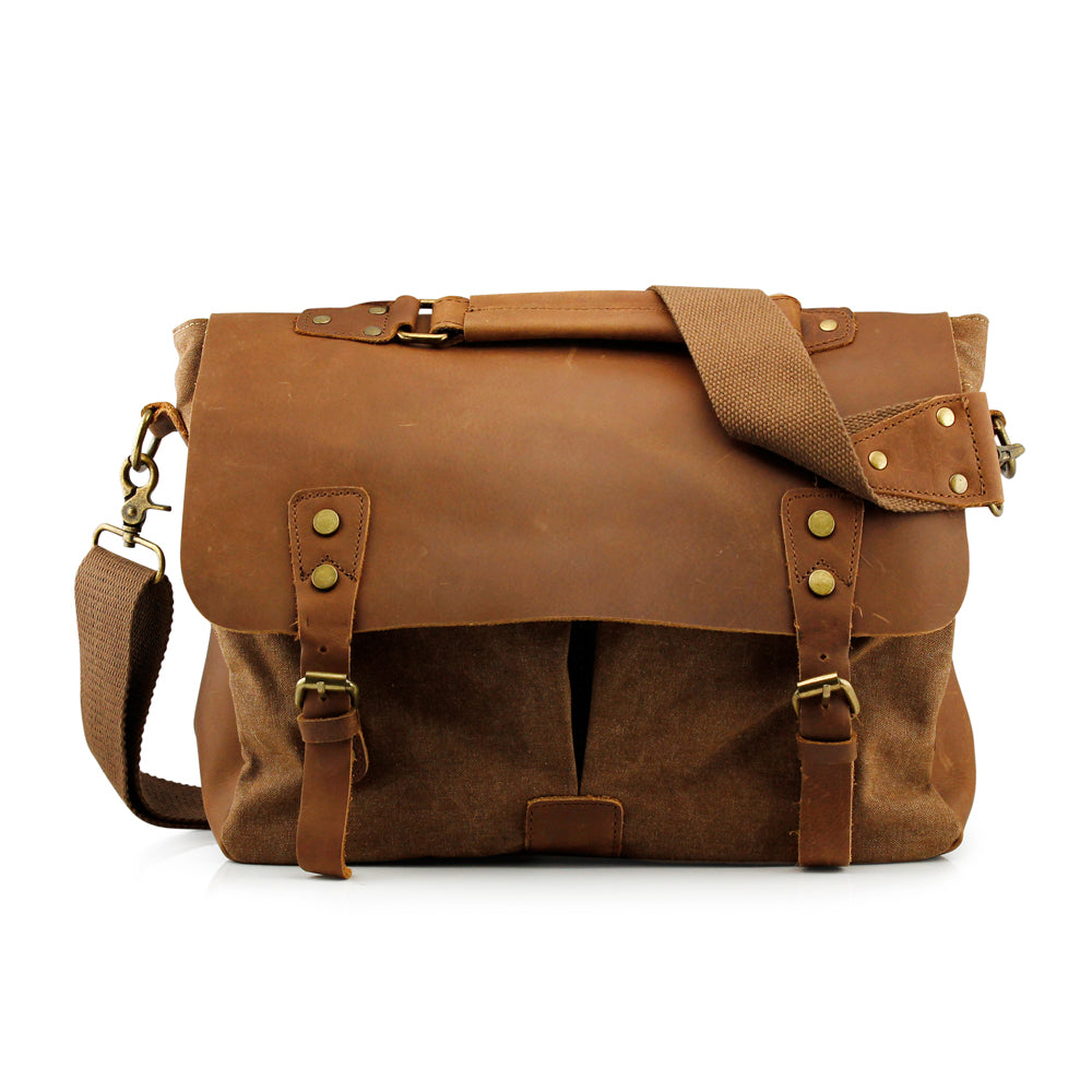 GEARONIC TM Men's Vintage Canvas Leather Messenger Bag Satchel School Military Shoulder Travel Bag for Notebook Laptop Macbook 11 and 13 inch Air Pro