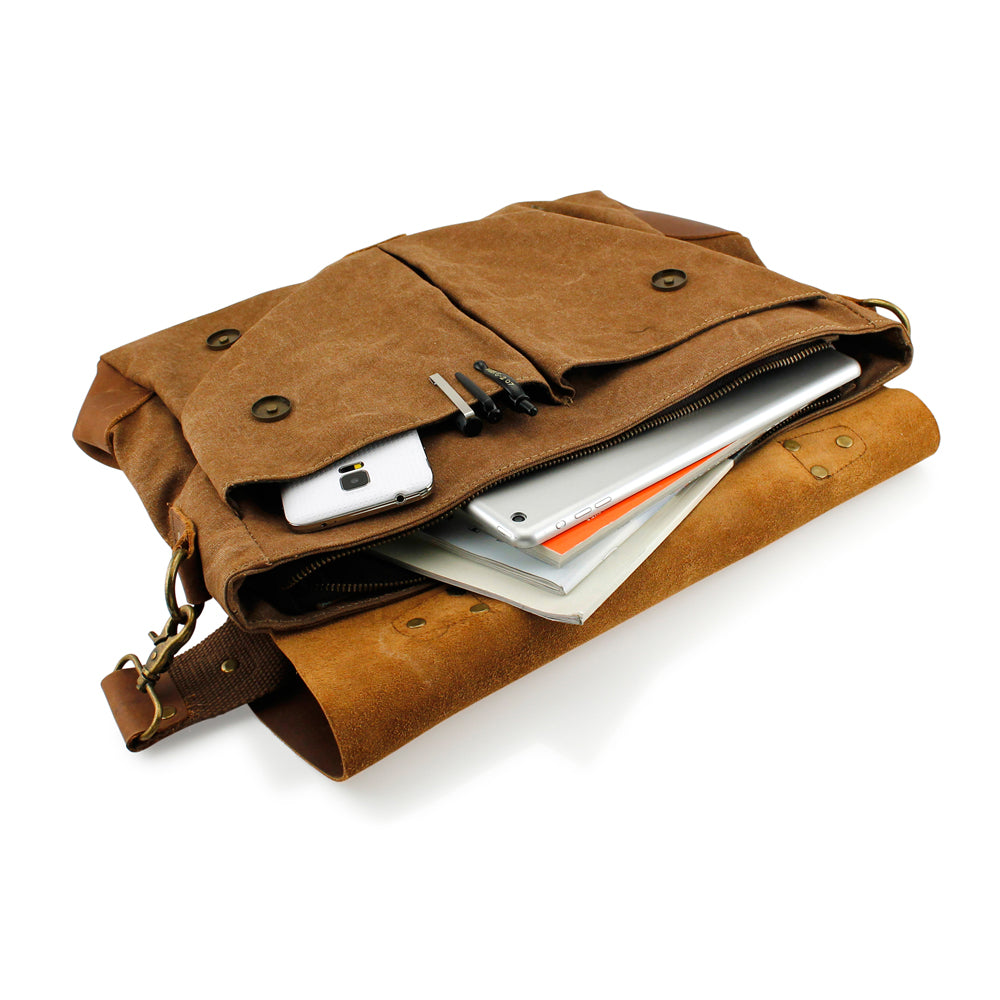 GEARONIC TM Men's Vintage Canvas Leather Messenger Bag Satchel School Military Shoulder Travel Bag for Notebook Laptop Macbook 11 and 13 inch Air Pro