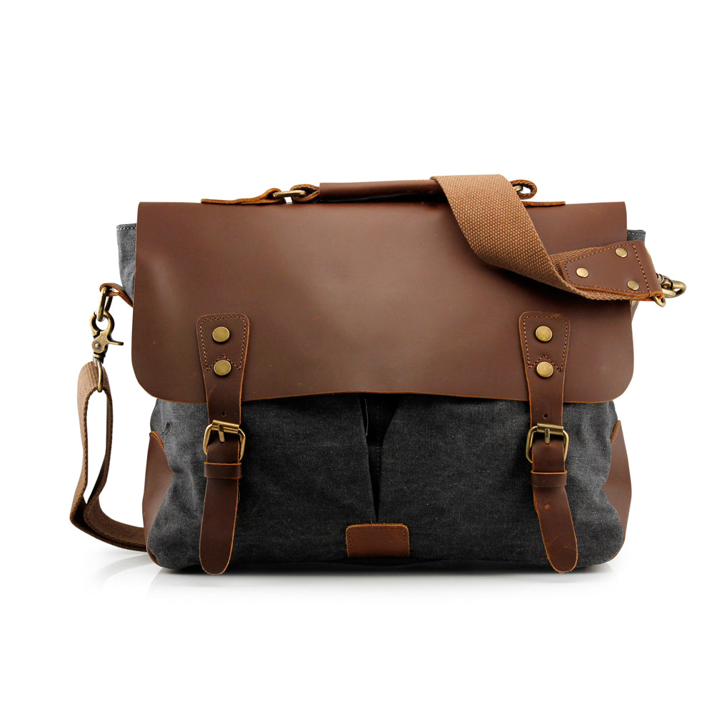 GEARONIC TM Men's Vintage Canvas Leather Messenger Bag Satchel School Military Shoulder Travel Bag for Notebook Laptop Macbook 11 and 13 inch Air Pro