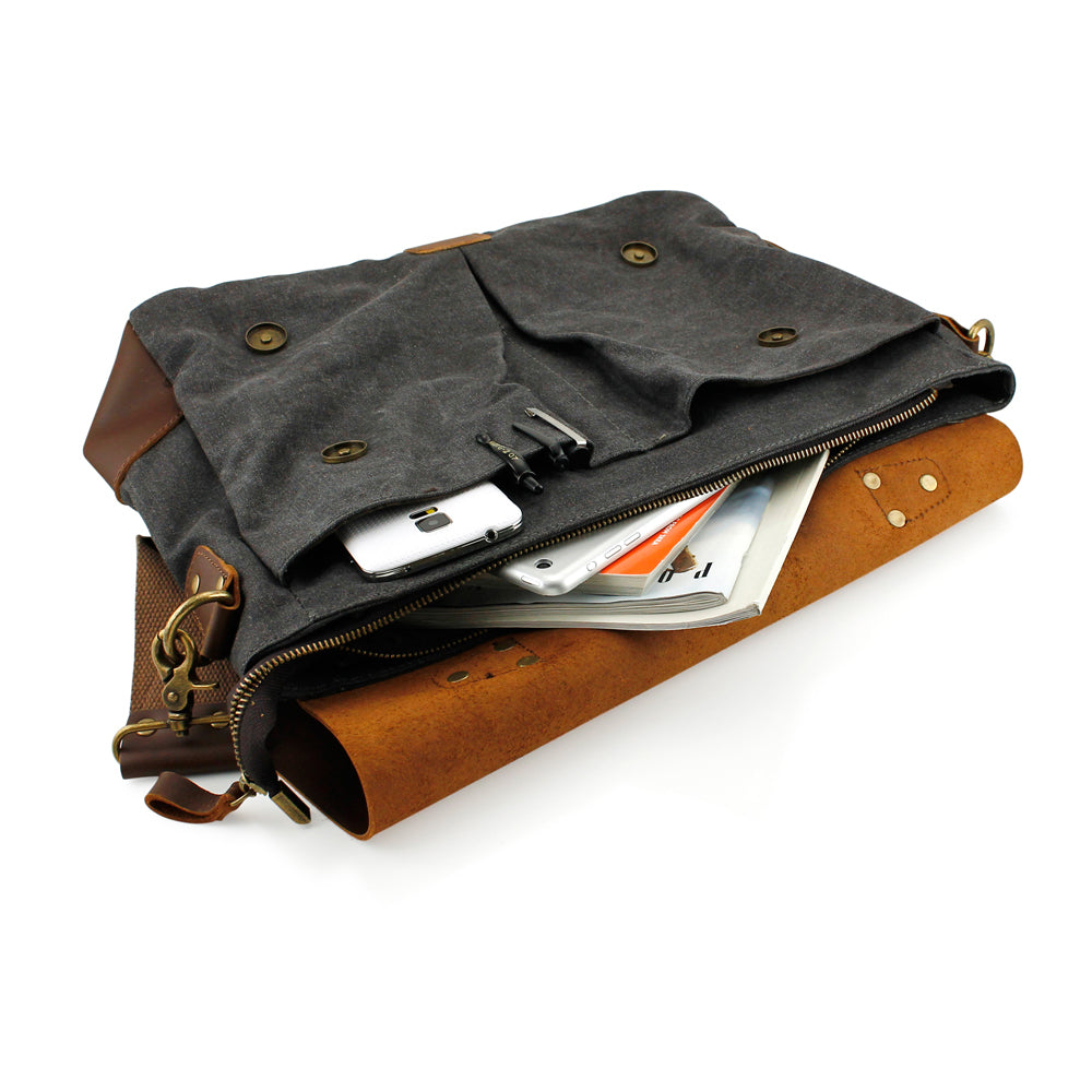 GEARONIC TM Men's Vintage Canvas Leather Messenger Bag Satchel School Military Shoulder Travel Bag for Notebook Laptop Macbook 11 and 13 inch Air Pro