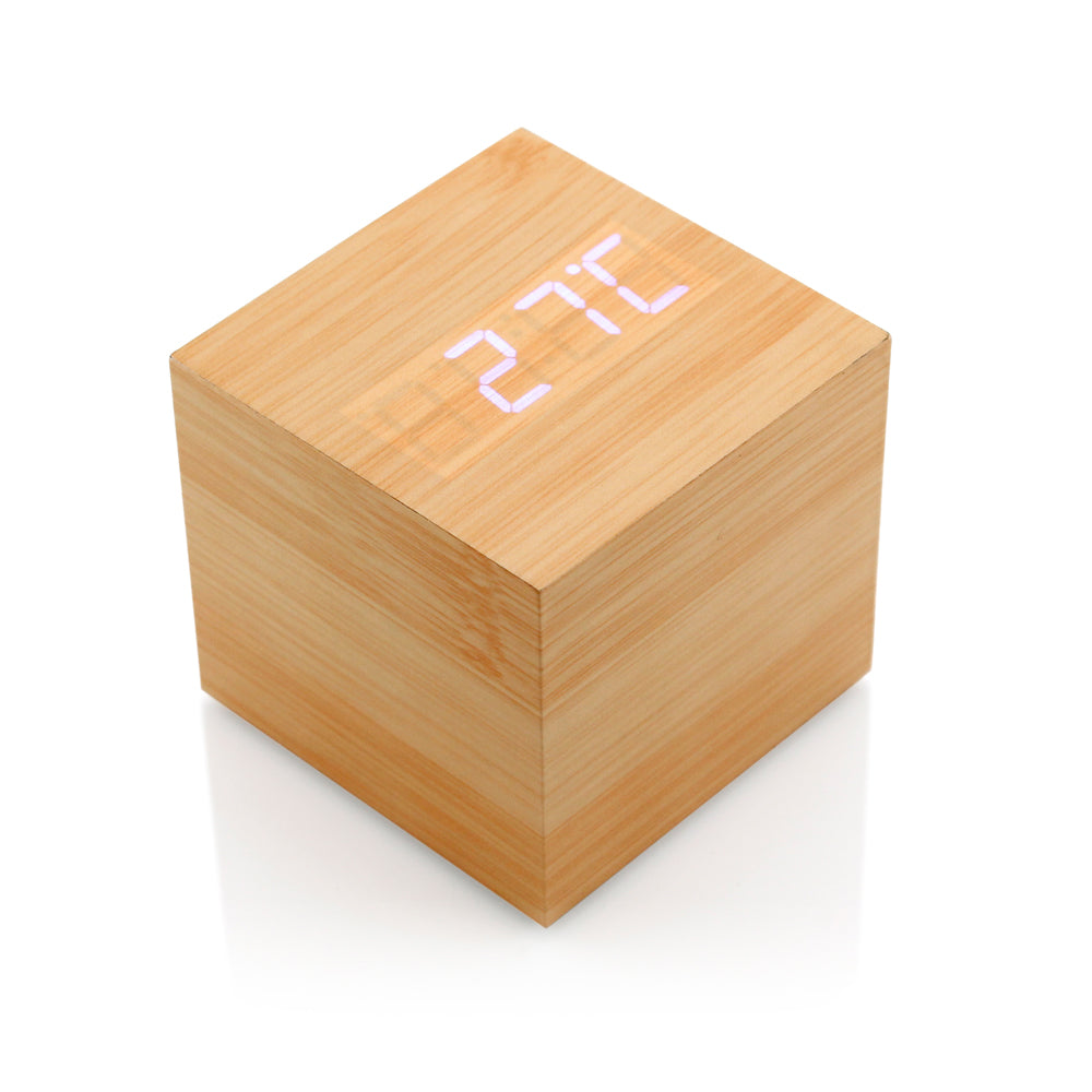 GEARONIC TM Wooden Alarm Clock Wood LED Square Cube Digital Thermometer Timer Calendar Brighter LED