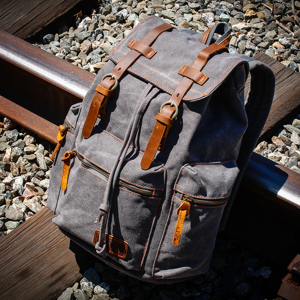 GEARONIC TM 21L Vintage Canvas Backpack for Men Leather Rucksack Knapsack 15 inch Laptop Tote Satchel School Military Army Shoulder Rucksack Hiking Bag