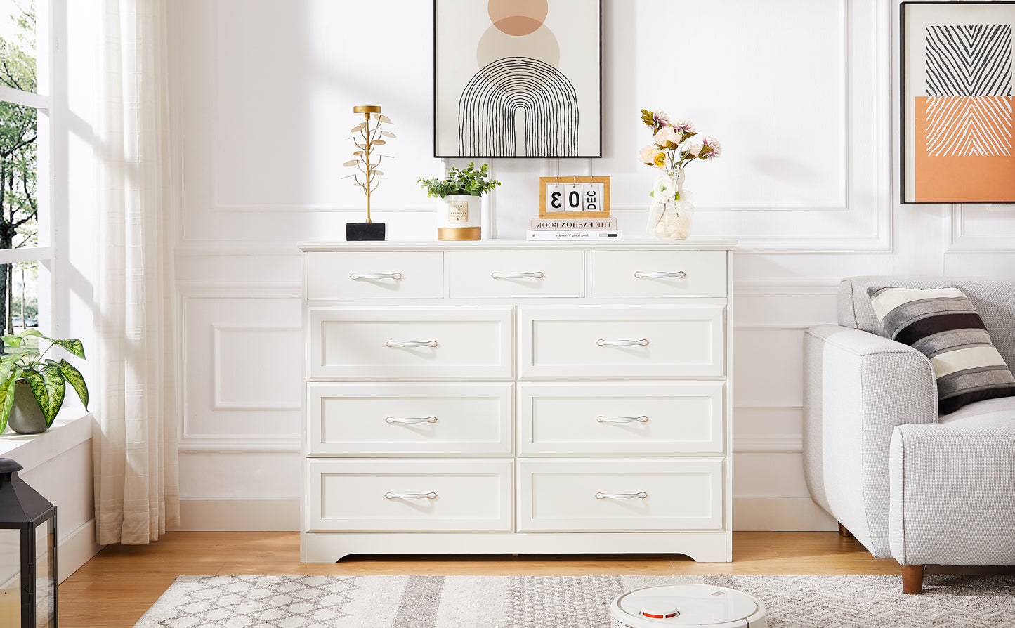 9 Drawer Long Dresser with Antique Handles Wood Chest of Drawers