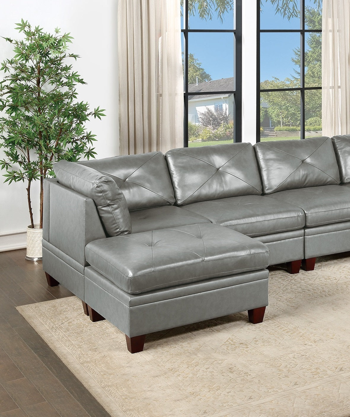 Genuine Leather Sectional Sofa Chair Ottomans 6pc Set - Grey Tufted Couch, Living Room Furniture