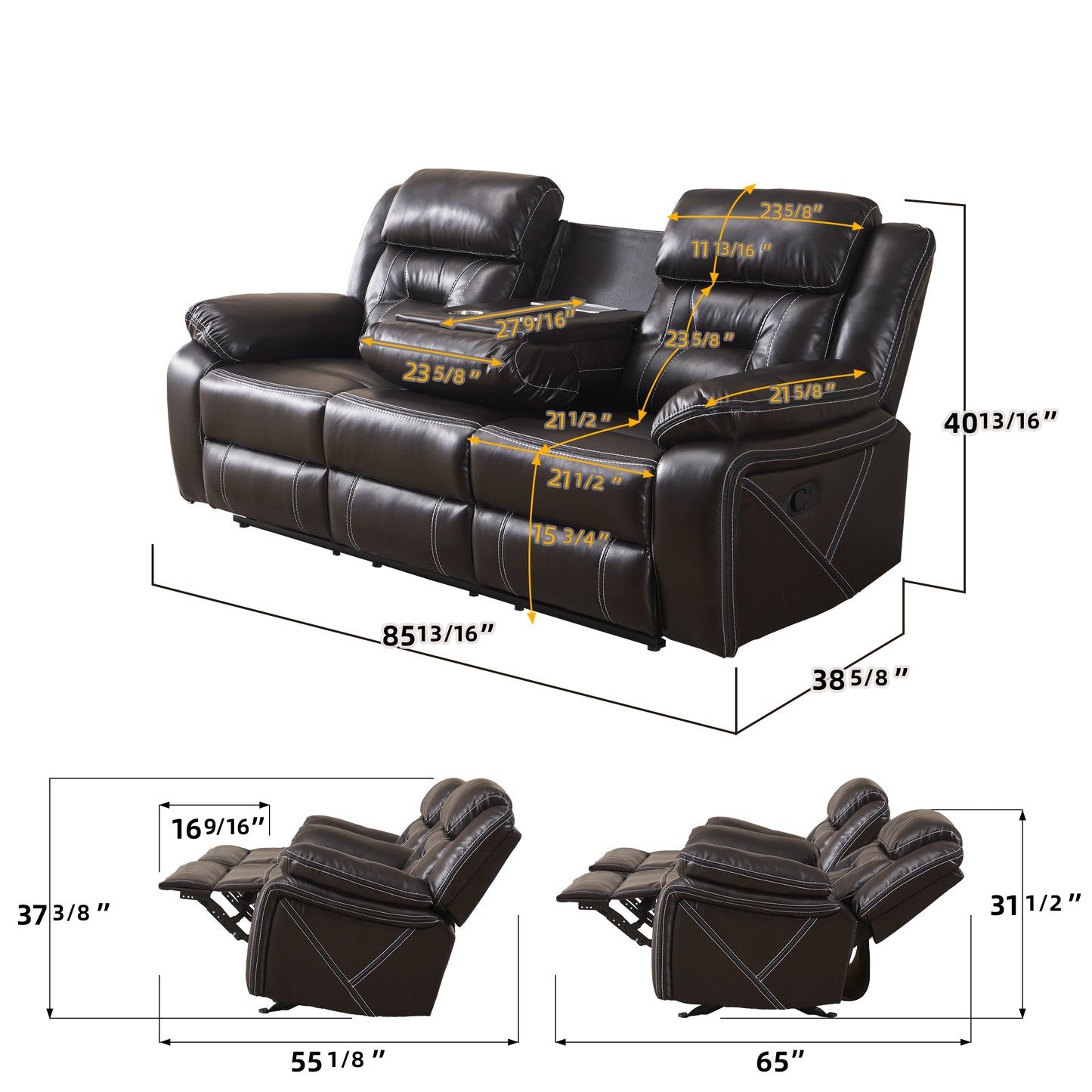 Reclining Upholstered Manual Puller in Faux Leather: Brown, 85.83"x38.58"x40.16"