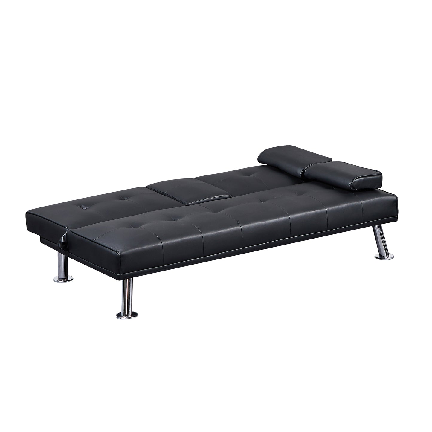 Black Faux Leather Loveseat Sofa Bed with Cup Holders - Convertible Folding Sleeper Couch Bed, Space-Saving Design - Comfortable, Durable, and Stylish - Perfect for Small Spaces - Includes Cup Holders - Black Color - Compact Size