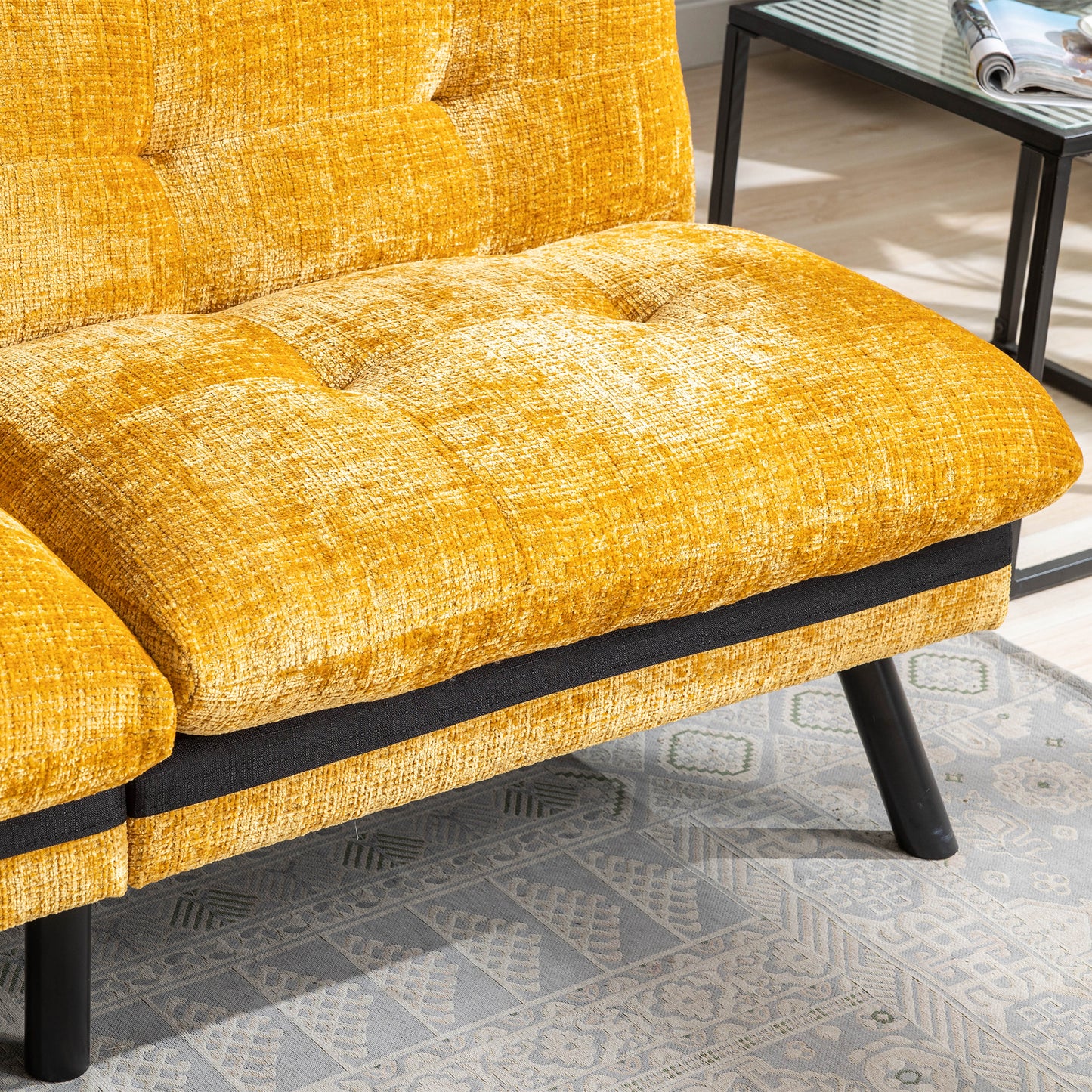 Convertible Sofa Bed Loveseat Futon Bed Adjustable Lounge Couch with Metal Legs, Breathable Chenille-Yellow. Perfect for Compact Living Spaces.