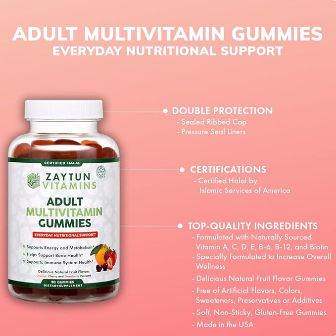 Zaytun Halal Adult Multivitamin Gummies for Men & Women - Complete Everyday Nutritional Support with Biotin, Vegan, Natural Fruit Flavors, Non-GMO - Vitamin Gummies