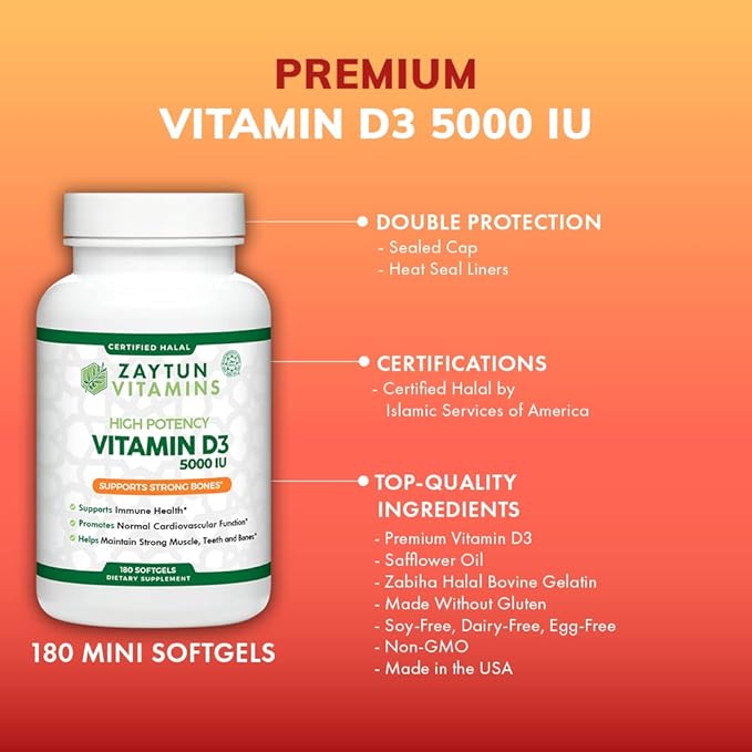 Zaytun Halal Vitamin D3, 5000 IU, 180 Softgels, Supports Bone Health & Immune Function, Premium Quality, 6 Months Supply, Non-GMO, Gluten-Free