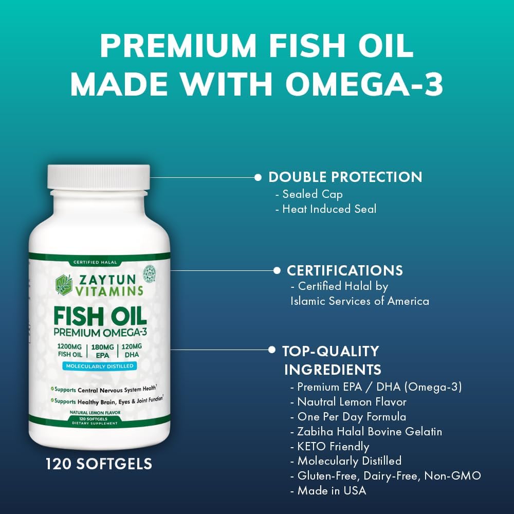 Zaytun Vitamins Halal Fish Oil 1200mg Omega 3, Premium EPA/DHA, Supports Brain, Heart, Joint Health - 4 Months Supply, Lemon Flavor, Keto Friendly, Gluten Free