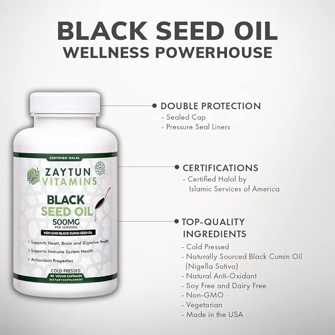Zaytun Halal Black Seed Oil: Supports Heart, Brain & Immune Health, Natural Anti-Oxidant, Non-GMO, Cold-Pressed - 90 Veggie Capsules