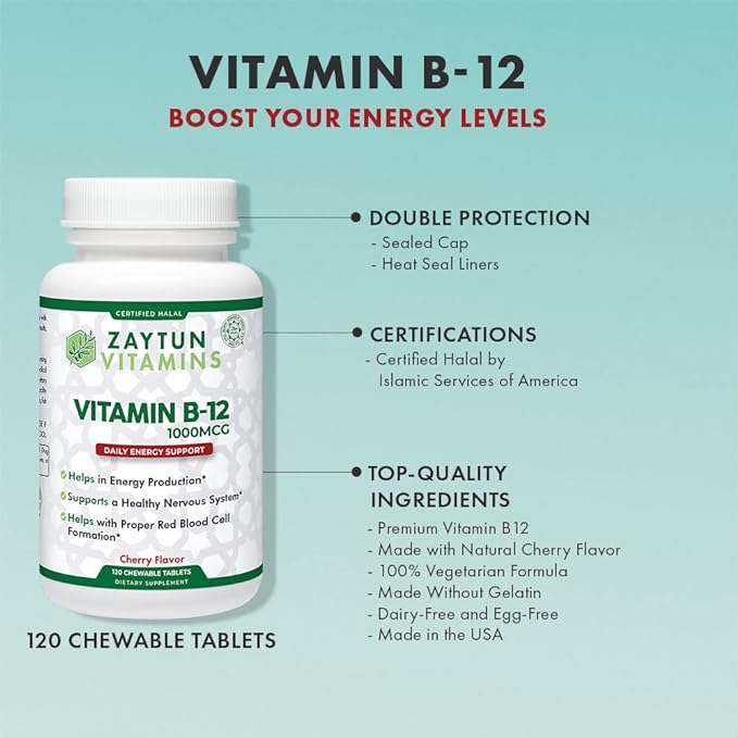 Zaytun Halal Vitamin B12 1000mcg: Promotes Energy, Metabolism & Healthy Nervous System - Vegetarian/Vegan Formula - Dairy-Free - 4 Months Supply