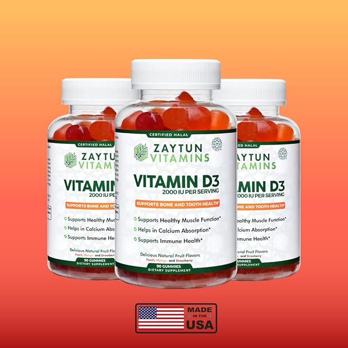 Zaytun Halal Vitamin D3 2000 IU Gummies, Supports Bone & Immune Health, Promotes Muscle Function, Gluten & Gelatin Free, 90 Natural Fruit Flavor Gummies