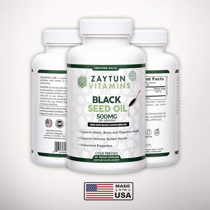Zaytun Halal Black Seed Oil: Supports Heart, Brain & Immune Health, Natural Anti-Oxidant, Non-GMO, Cold-Pressed - 90 Veggie Capsules