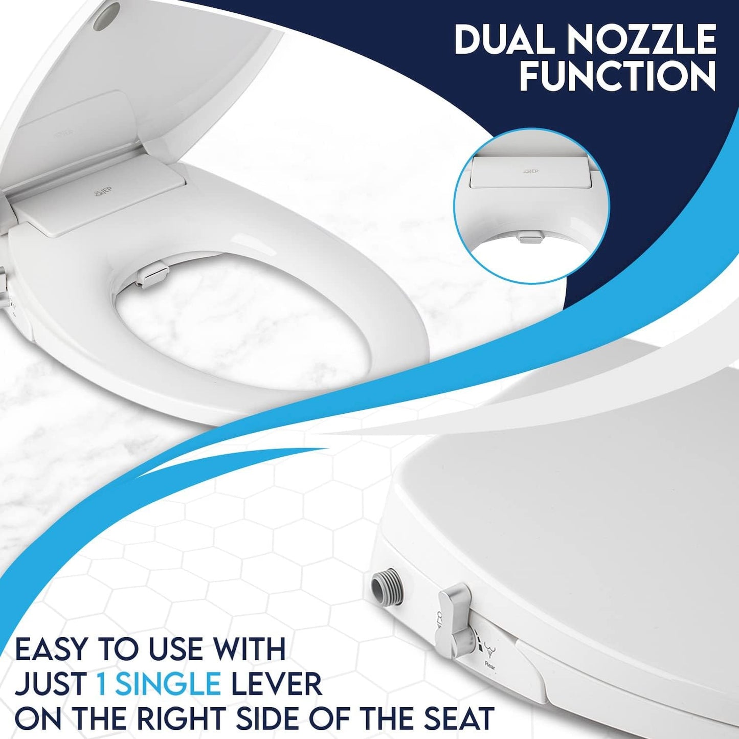 JEP Dual Nozzle Manual Bidet Toilet Seat for Round Toilets with Soft Close Seat and Cover | Bidet Seat for Rear & Feminine Cleaning, Easy to Install and Convenient