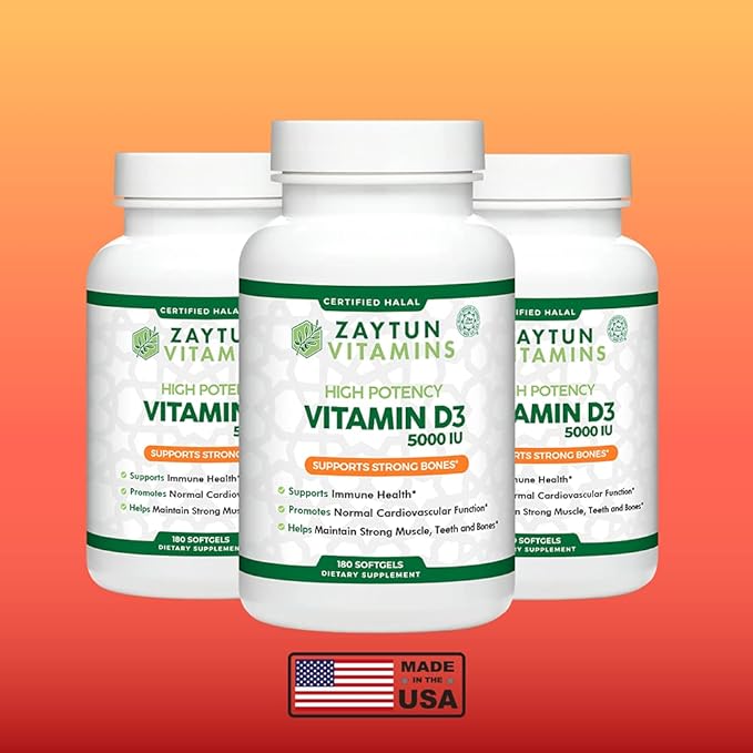 Zaytun Halal Vitamin D3, 5000 IU, 180 Softgels, Supports Bone Health & Immune Function, Premium Quality, 6 Months Supply, Non-GMO, Gluten-Free