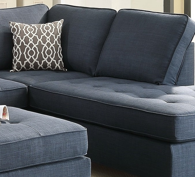 2pc Reversible Chaise Dark Blue Dorris Fabric Sectional Sofa Set: Living Room Furniture Couch