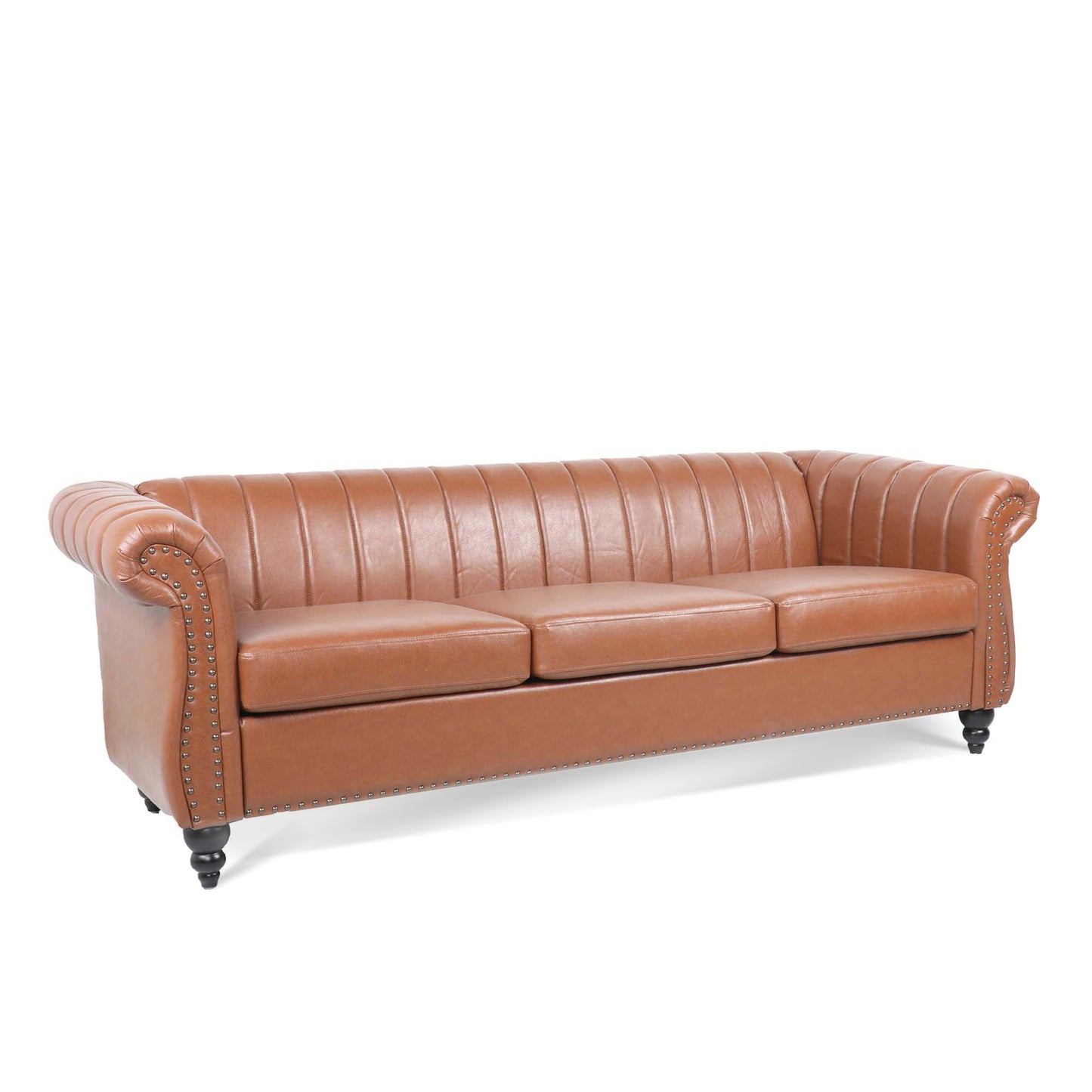 83.46" Brown PU Rolled Arm Chesterfield 3-Seater Sofa: Elegant and Spacious
